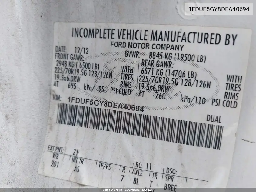 2013 Ford F-550 Chassis Xl VIN: 1FDUF5GY8DEA40694 Lot: 45127972
