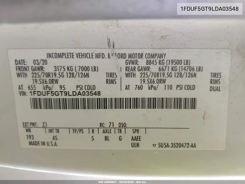 2020 Ford F-550 Chassis Xl VIN: 1FDUF5GT9LDA03548 Lot: 45090647