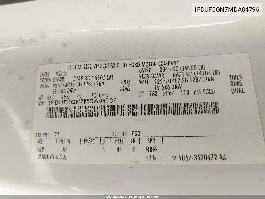 2021 Ford F-550 Chassis Xl VIN: 1FDUF5GN7MDA04796 Lot: 45212579
