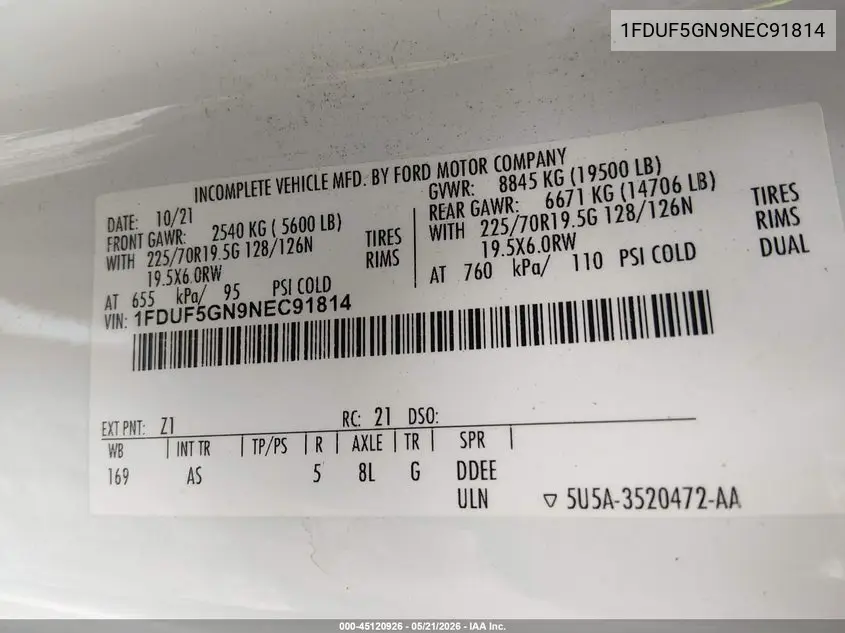 2022 Ford F-550 Chassis Xl VIN: 1FDUF5GN9NEC91814 Lot: 45120926