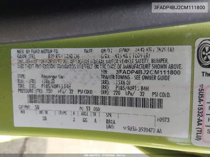 2012 Ford Fiesta Se VIN: 3FADP4BJ2CM111800 Lot: 45637012