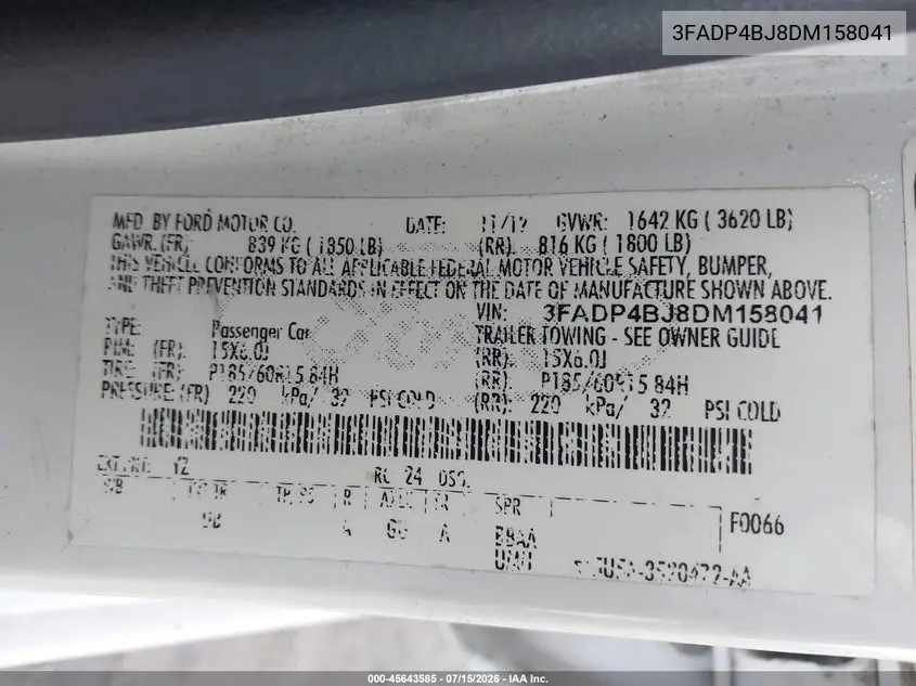 2013 Ford Fiesta Se VIN: 3FADP4BJ8DM158041 Lot: 45643585