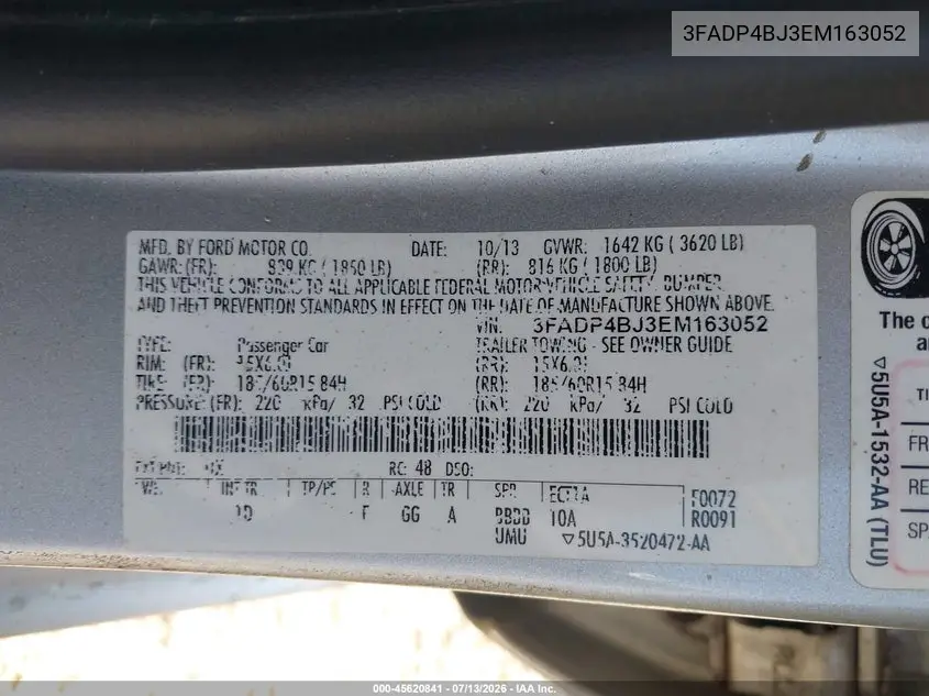 2014 Ford Fiesta Se VIN: 3FADP4BJ3EM163052 Lot: 45620841