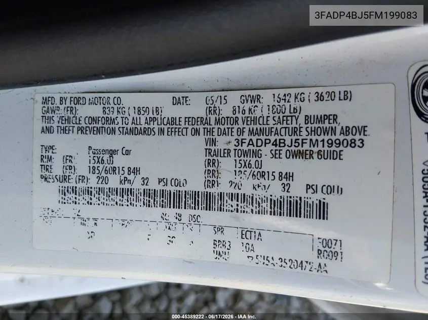 2015 Ford Fiesta Se VIN: 3FADP4BJ5FM199083 Lot: 45389222