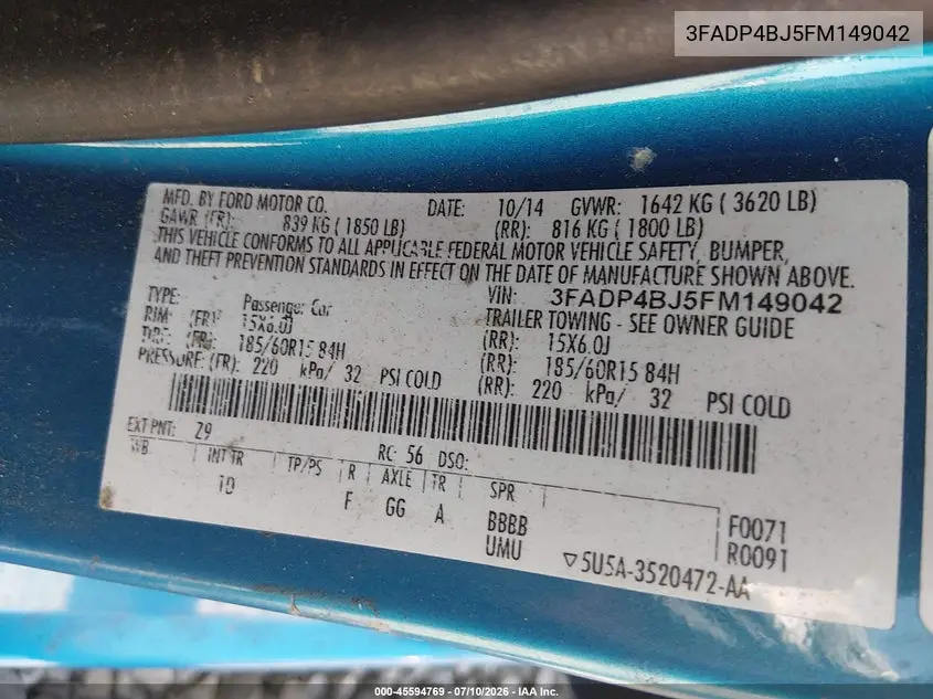 2015 Ford Fiesta Se VIN: 3FADP4BJ5FM149042 Lot: 45594769