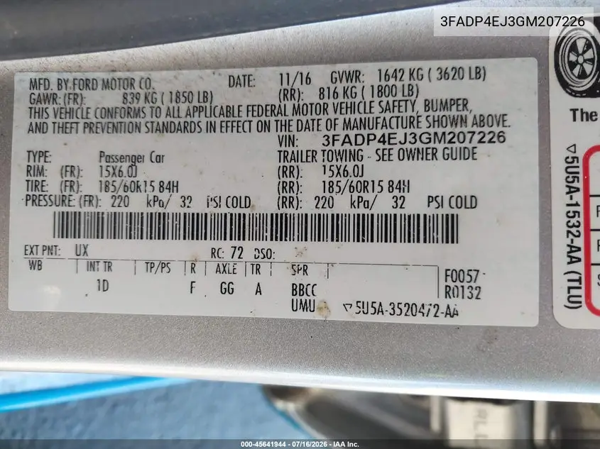 2016 Ford Fiesta Se VIN: 3FADP4EJ3GM207226 Lot: 45641944