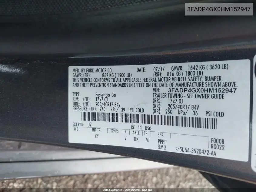 2017 Ford Fiesta St VIN: 3FADP4GX0HM152947 Lot: 45316282