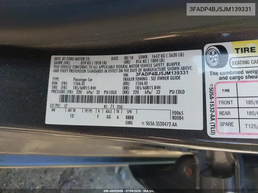 2018 Ford Fiesta Se VIN: 3FADP4BJ5JM139331 Lot: 45552656