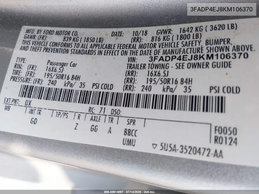 2019 Ford Fiesta Se VIN: 3FADP4EJ8KM106370 Lot: 45614897