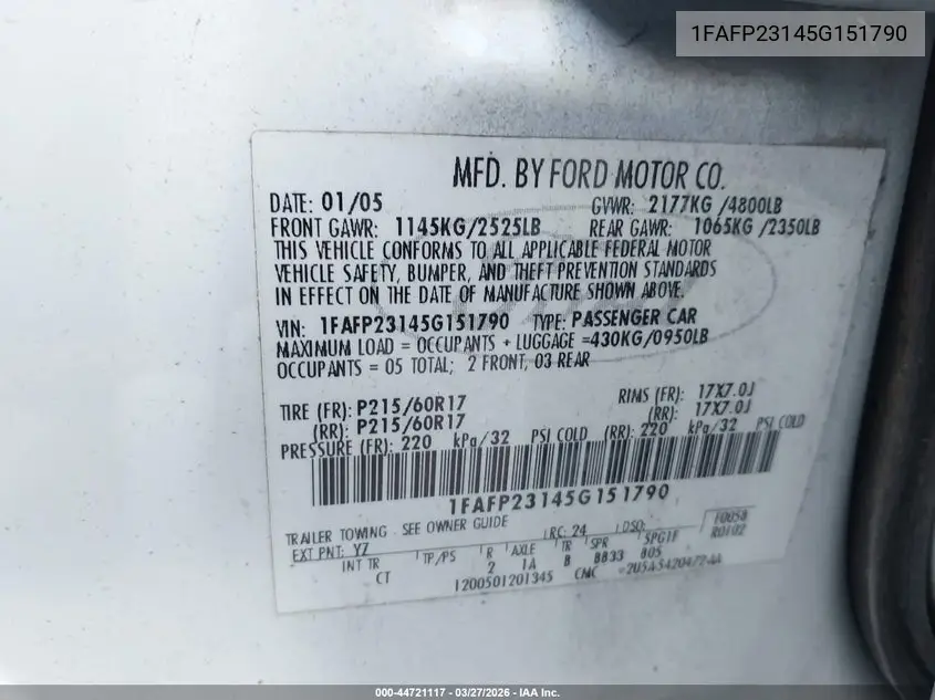 2005 Ford Five Hundred Se VIN: 1FAFP23145G151790 Lot: 44721117