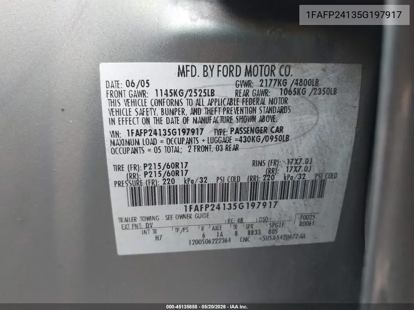 2005 Ford Five Hundred Sel VIN: 1FAFP24135G197917 Lot: 45135858