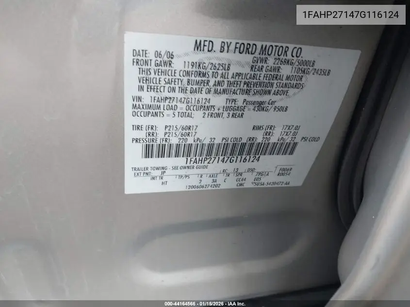 2007 Ford Five Hundred Sel VIN: 1FAHP27147G116124 Lot: 44164566