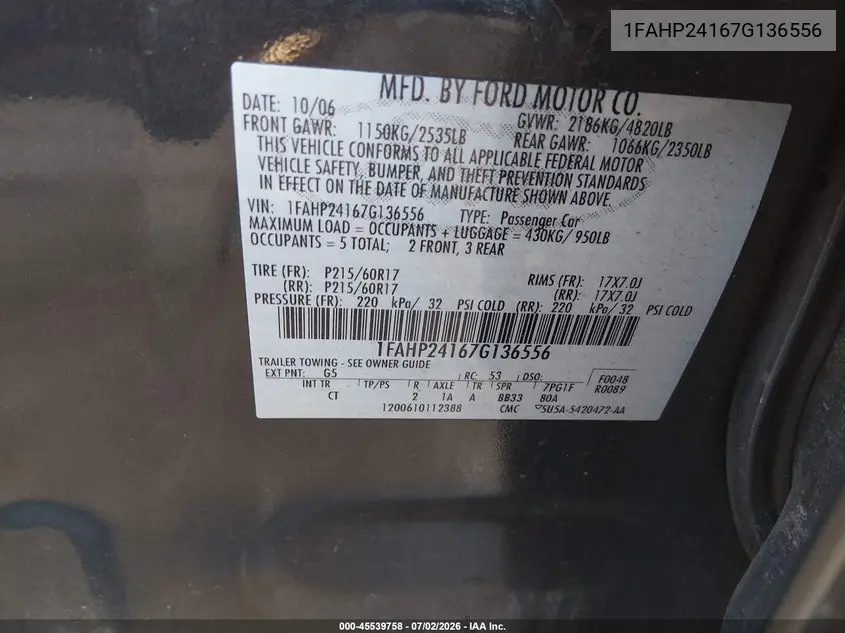 2007 Ford Five Hundred Sel VIN: 1FAHP24167G136556 Lot: 45539758