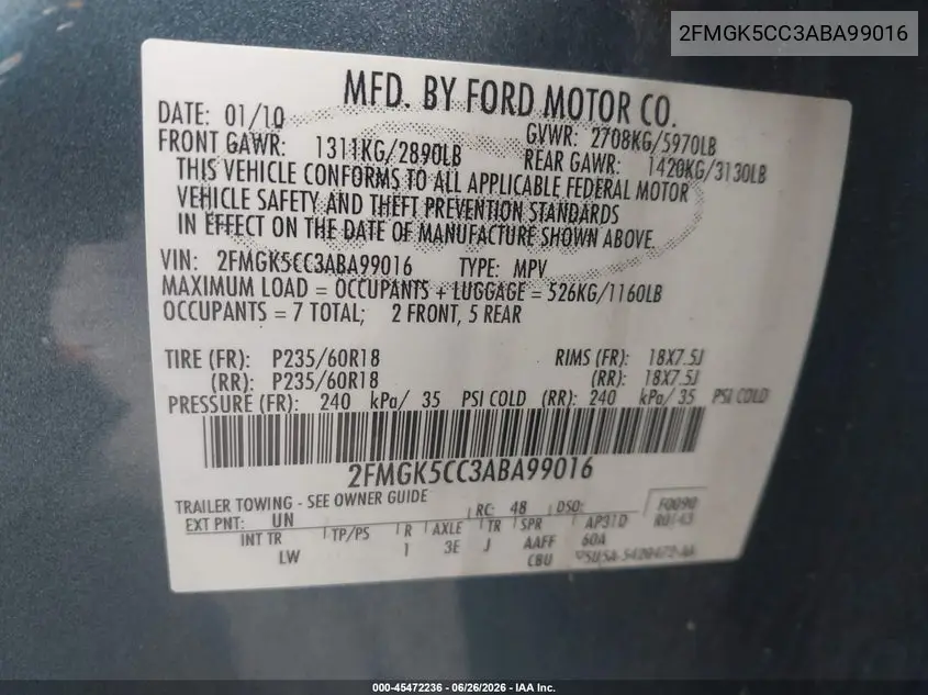 2010 Ford Flex Sel VIN: 2FMGK5CC3ABA99016 Lot: 45472236