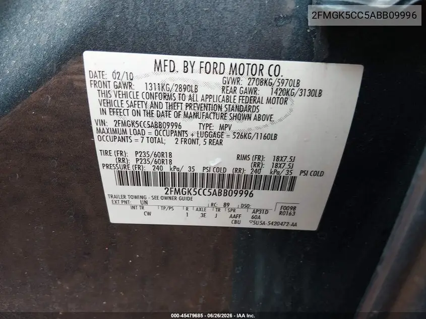 2010 Ford Flex Sel VIN: 2FMGK5CC5ABB09996 Lot: 45479685