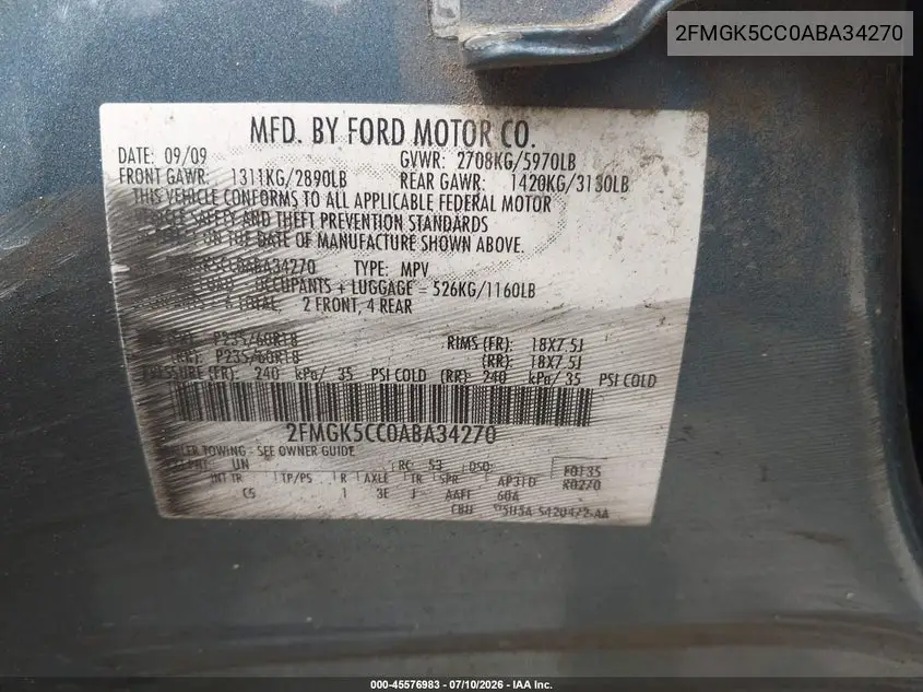 2010 Ford Flex Sel VIN: 2FMGK5CC0ABA34270 Lot: 45576983
