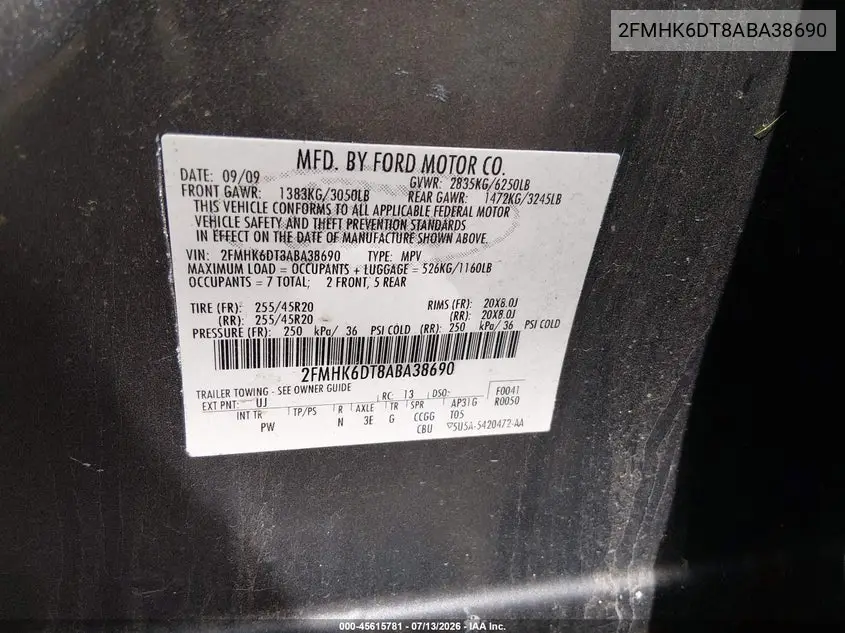 2010 Ford Flex Limited VIN: 2FMHK6DT8ABA38690 Lot: 45615781