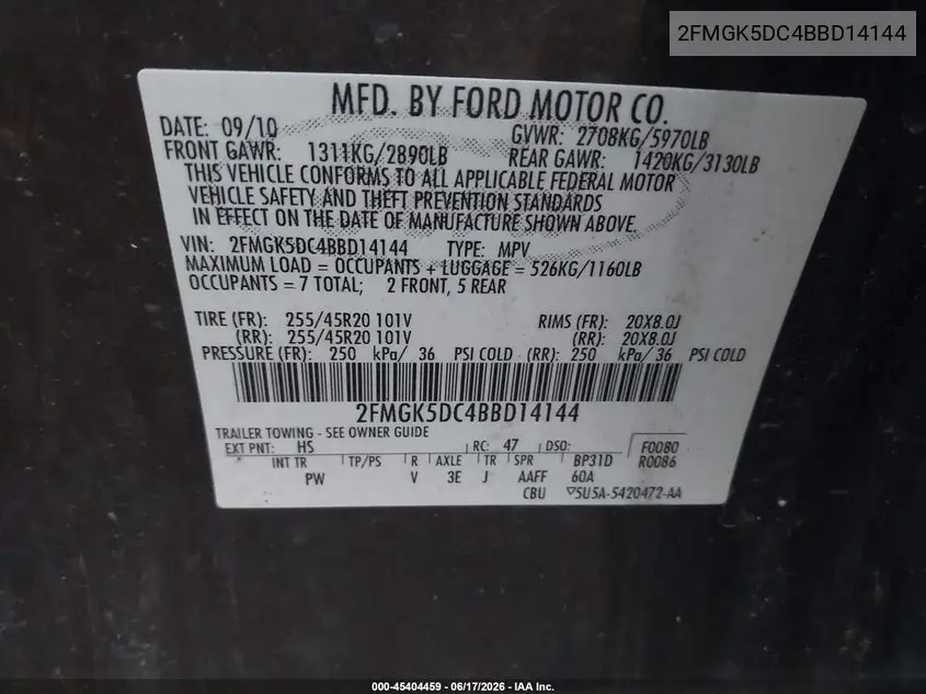 2011 Ford Flex Limited VIN: 2FMGK5DC4BBD14144 Lot: 45404459