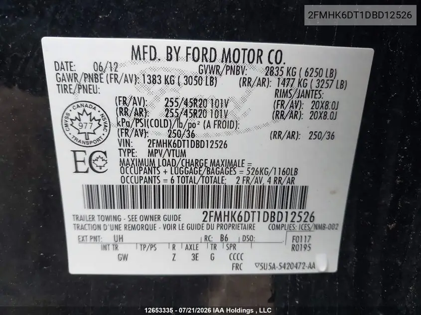 2013 Ford Flex Limited VIN: 2FMHK6DT1DBD12526 Lot: 12653335