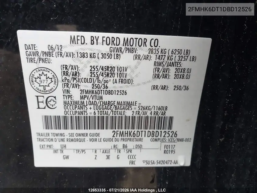 2013 Ford Flex Limited VIN: 2FMHK6DT1DBD12526 Lot: 12653335
