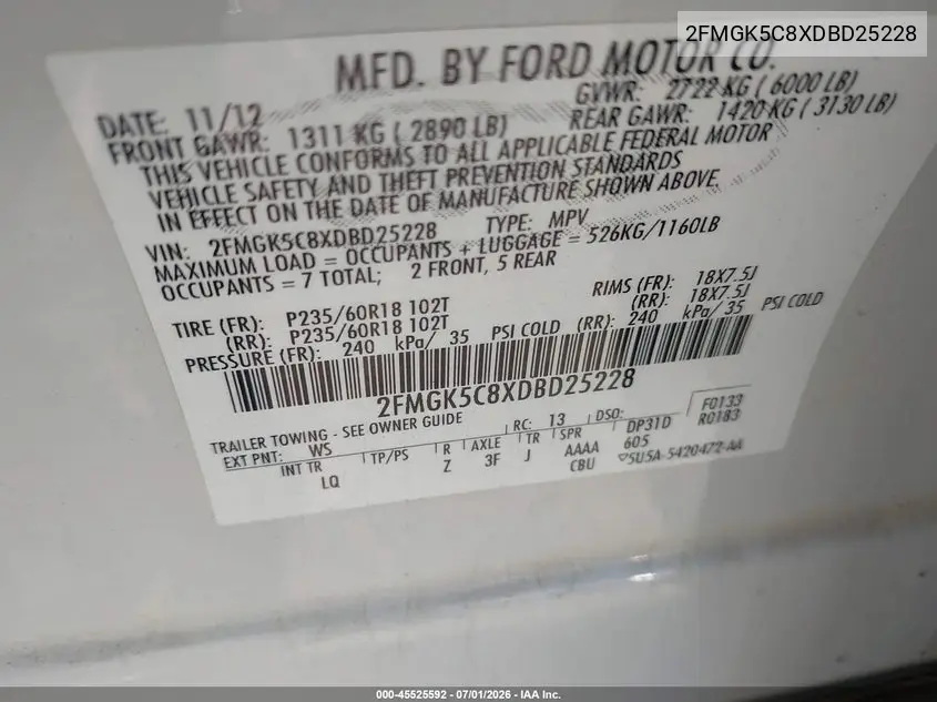 2013 Ford Flex Sel VIN: 2FMGK5C8XDBD25228 Lot: 45525592
