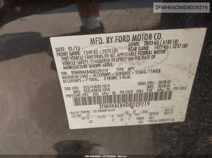 2013 Ford Flex Sel VIN: 2FMHK6C84DBD29219 Lot: 45548481