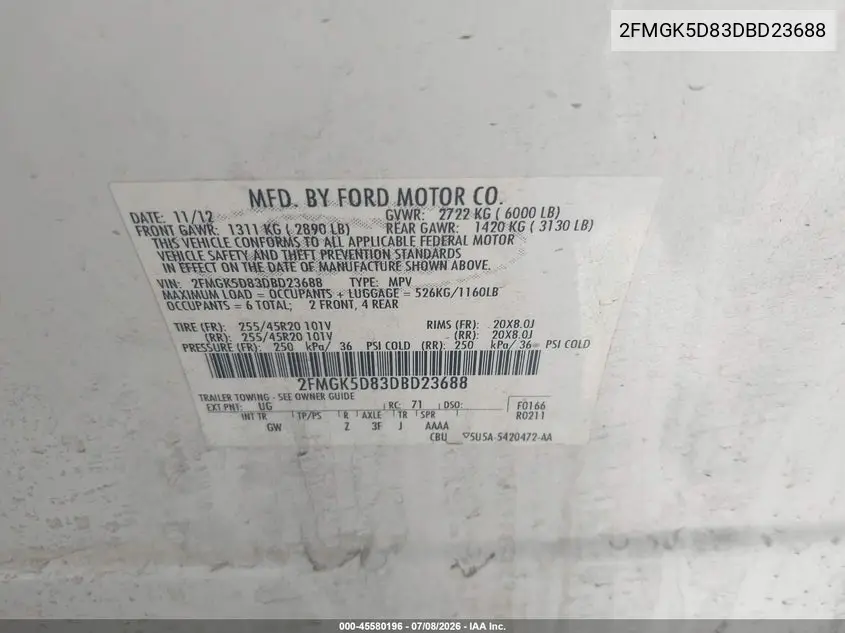 2013 Ford Flex Limited VIN: 2FMGK5D83DBD23688 Lot: 45580196