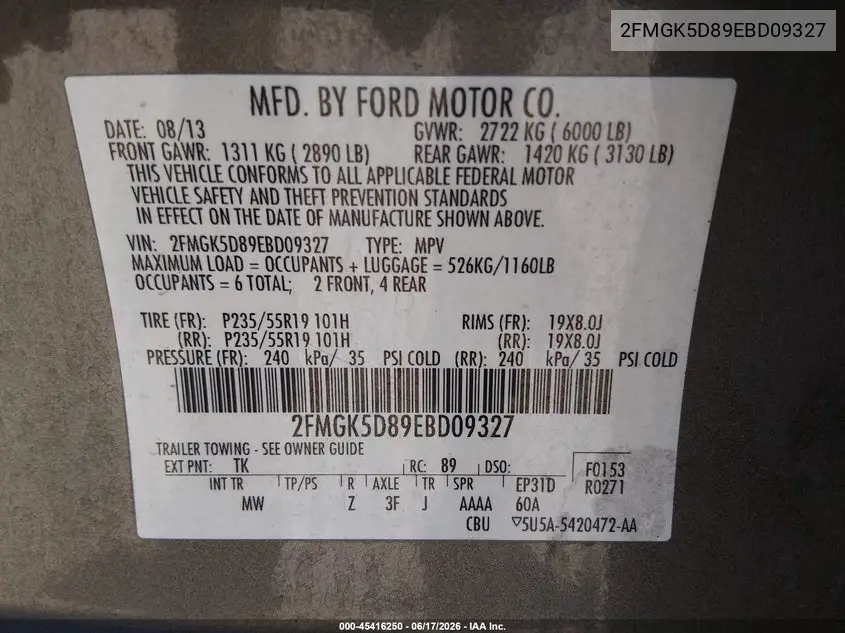 2014 Ford Flex Limited VIN: 2FMGK5D89EBD09327 Lot: 45416250