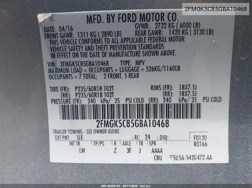 2016 Ford Flex Sel VIN: 2FMGK5C85GBA10468 Lot: 45408180