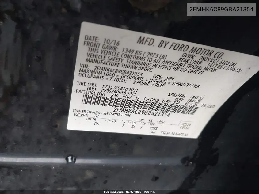 2016 Ford Flex Sel VIN: 2FMHK6C89GBA21354 Lot: 45553035