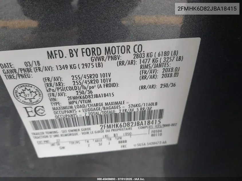 2018 Ford Flex Limited VIN: 2FMHK6D82JBA18415 Lot: 45456693
