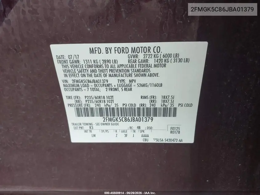 2018 Ford Flex Sel VIN: 2FMGK5C86JBA01379 Lot: 45500914