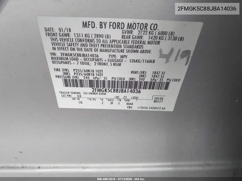 2018 Ford Flex Sel VIN: 2FMGK5C88JBA14036 Lot: 45615318