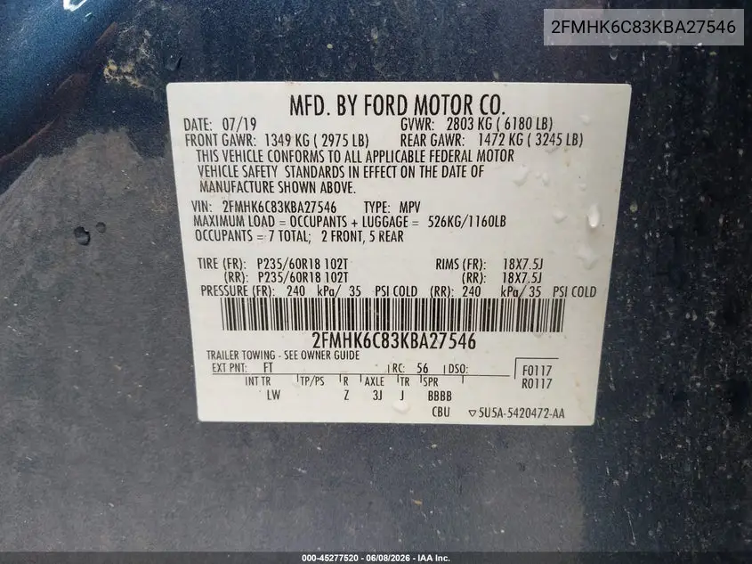 2019 Ford Flex Sel VIN: 2FMHK6C83KBA27546 Lot: 45277520