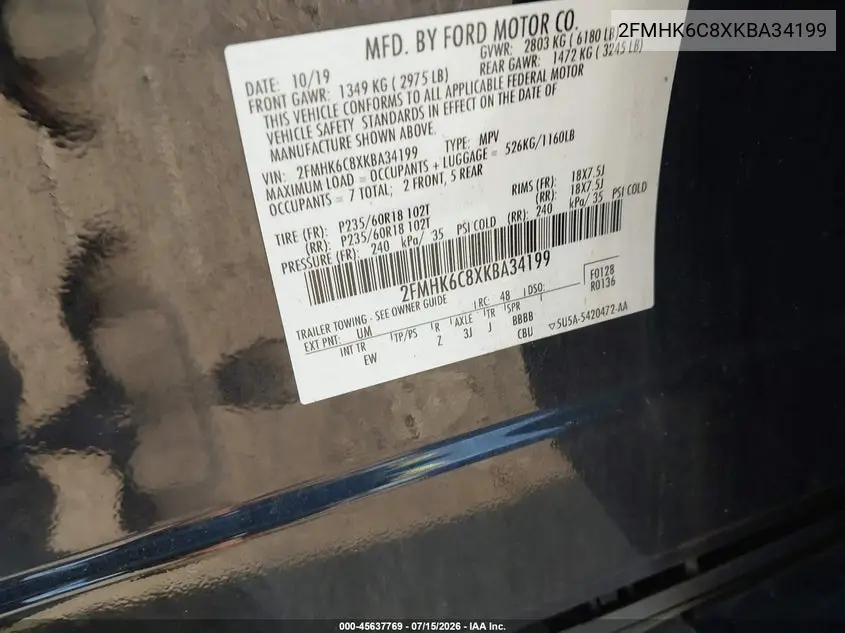 2019 Ford Flex Sel VIN: 2FMHK6C8XKBA34199 Lot: 45637769