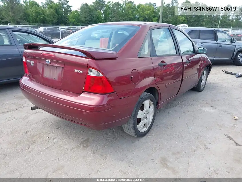 2006 Ford Focus Zx4 VIN: 1FAHP34N86W180619 Lot: 45406131