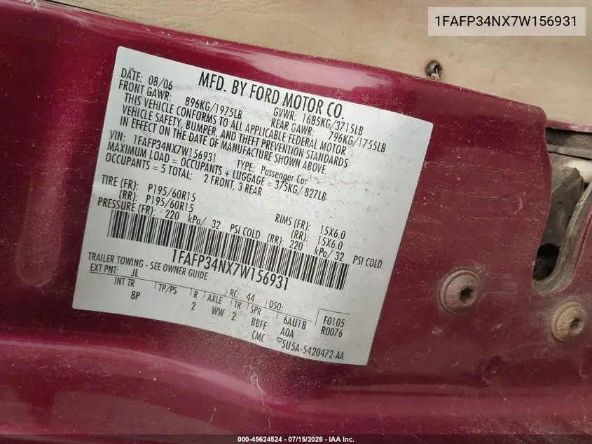 2007 Ford Focus S/Se/Ses VIN: 1FAFP34NX7W156931 Lot: 45624524