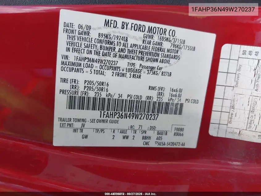 1FAHP36N49W270237 2009 Ford Focus Ses