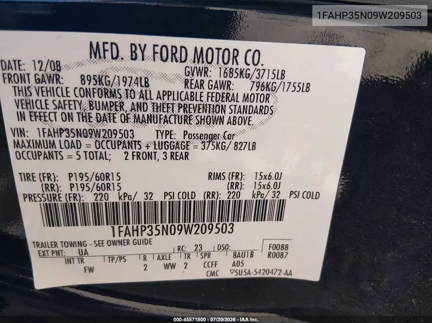 2009 Ford Focus Se VIN: 1FAHP35N09W209503 Lot: 45571800