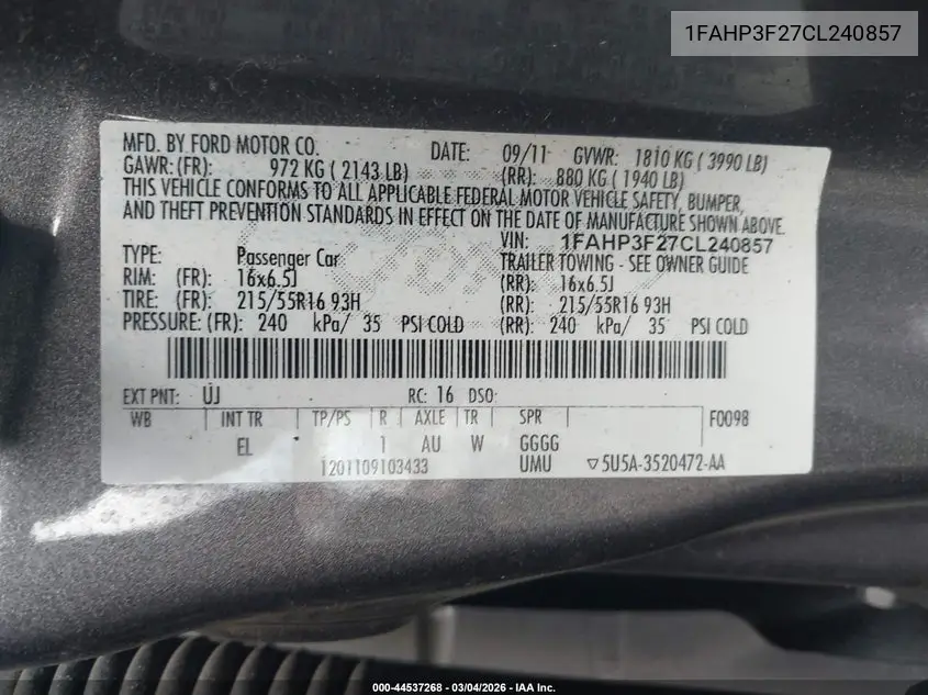 1FAHP3F27CL240857 2012 Ford Focus Se