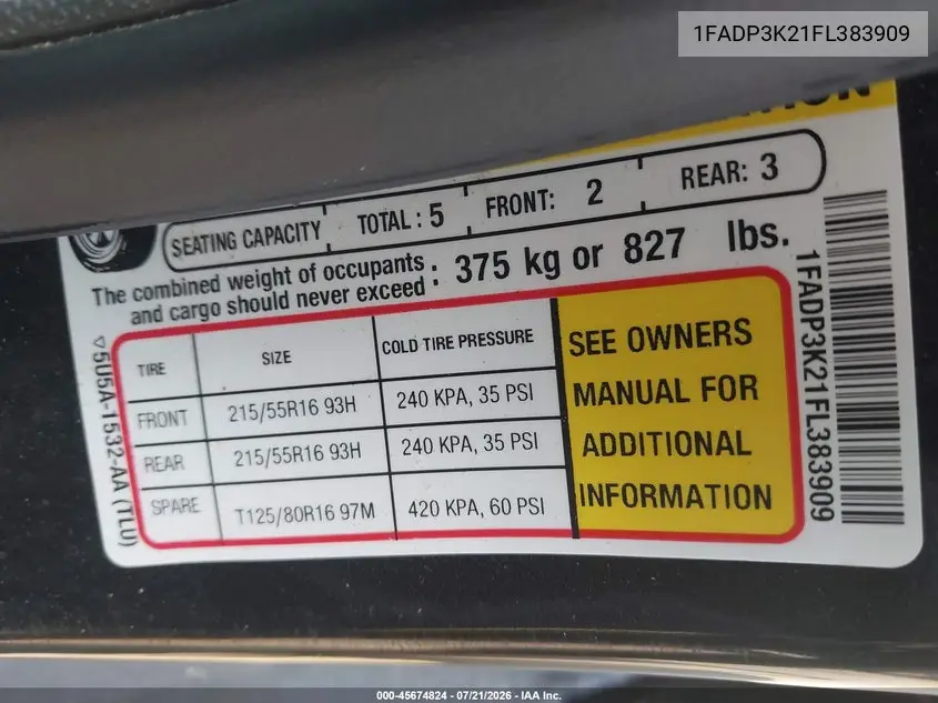 2015 Ford Focus Se VIN: 1FADP3K21FL383909 Lot: 45674824