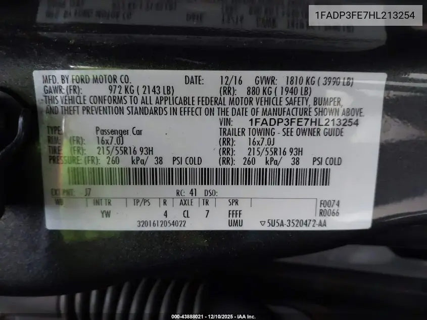 1FADP3FE7HL213254 2017 Ford Focus Se