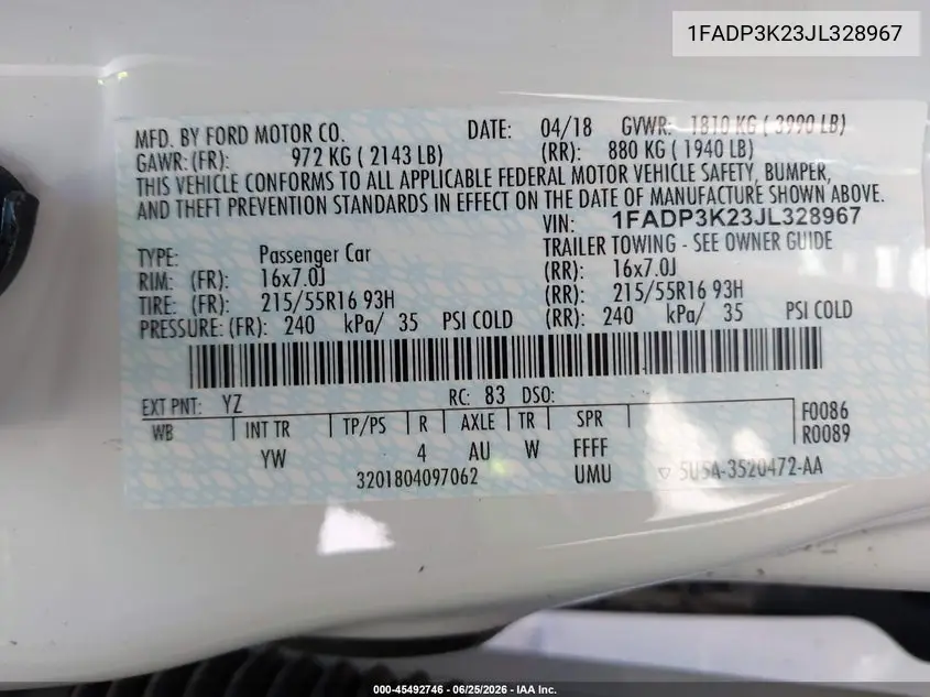 2018 Ford Focus Se VIN: 1FADP3K23JL328967 Lot: 45492746