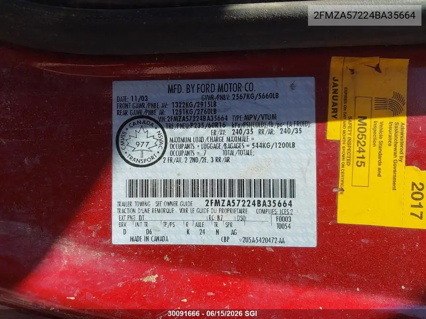 2004 Ford Freestar Ses VIN: 2FMZA57224BA35664 Lot: 30091666