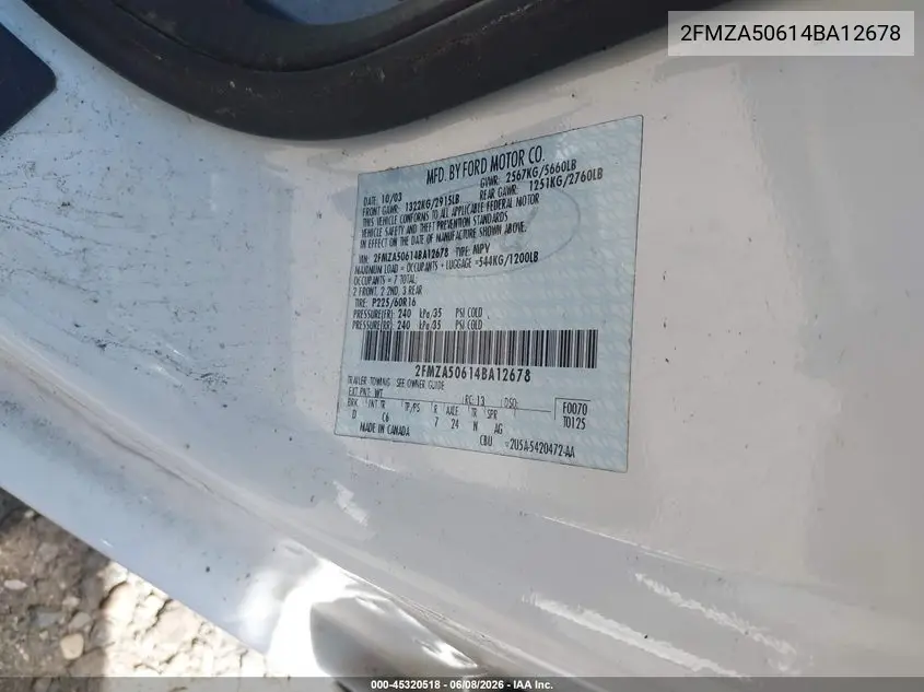 2004 Ford Freestar S VIN: 2FMZA50614BA12678 Lot: 45320518