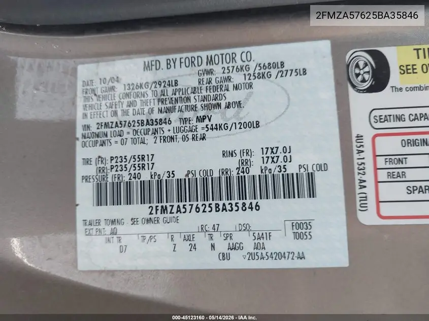 2005 Ford Freestar Ses VIN: 2FMZA57625BA35846 Lot: 45123160