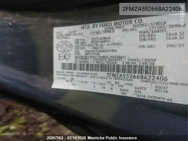 2006 Ford Freestar Se VIN: 2FMZA55266BA22406 Lot: 20267062