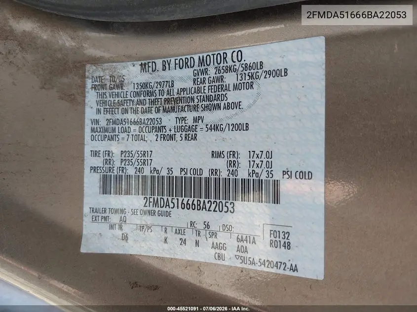 2006 Ford Freestar Se VIN: 2FMDA51666BA22053 Lot: 45521091
