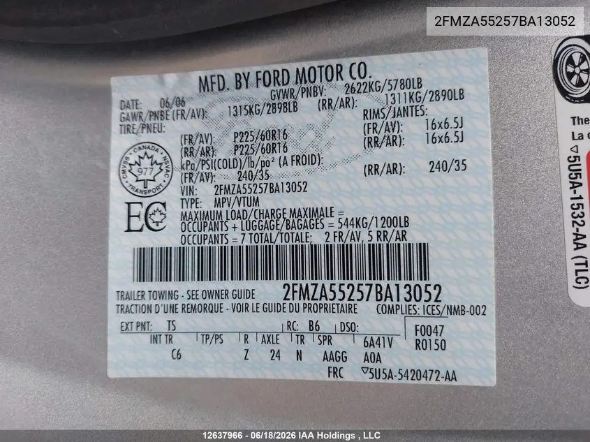 2007 Ford Freestar Se VIN: 2FMZA55257BA13052 Lot: 12637966x