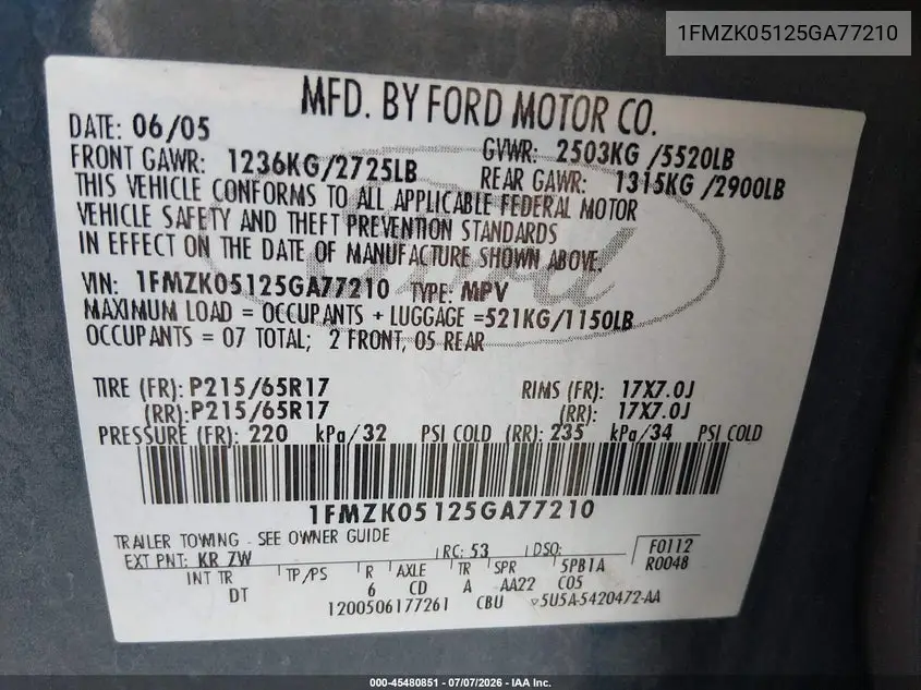 2005 Ford Freestyle Sel VIN: 1FMZK05125GA77210 Lot: 45480851